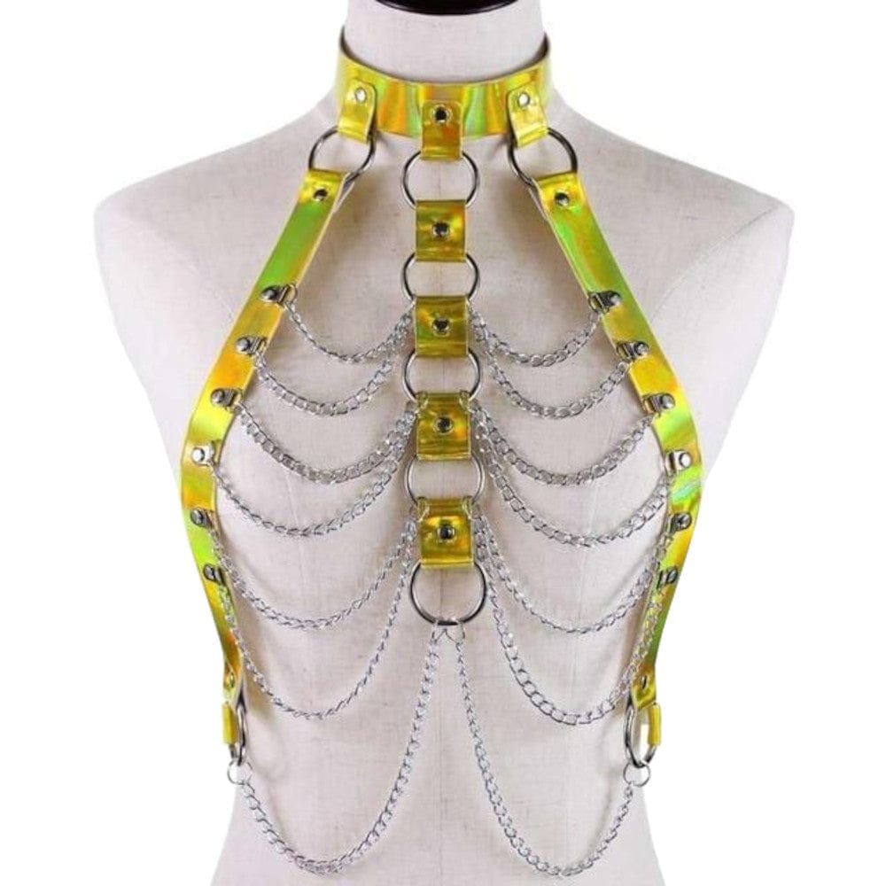 Picture of a Leather Slave Collar with holographic straps and zinc alloy chains