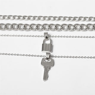 Pictured here is an image of the Multi Layer Lock and Key Necklace Set designed for both men and women, bridging high fashion with everyday wear.
