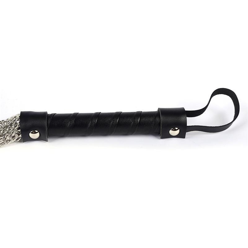 Silver metal tails and black PU leather handle of the Show No Mercy Metal Whip.