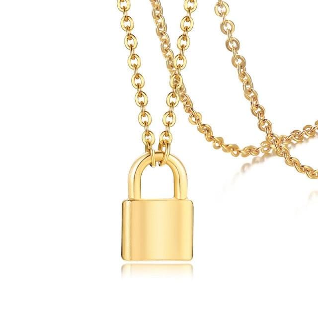 You are looking at an image of Tiny Lock Chain Necklace, a piece of wearable art with sharp geometric lines and smooth link chain.