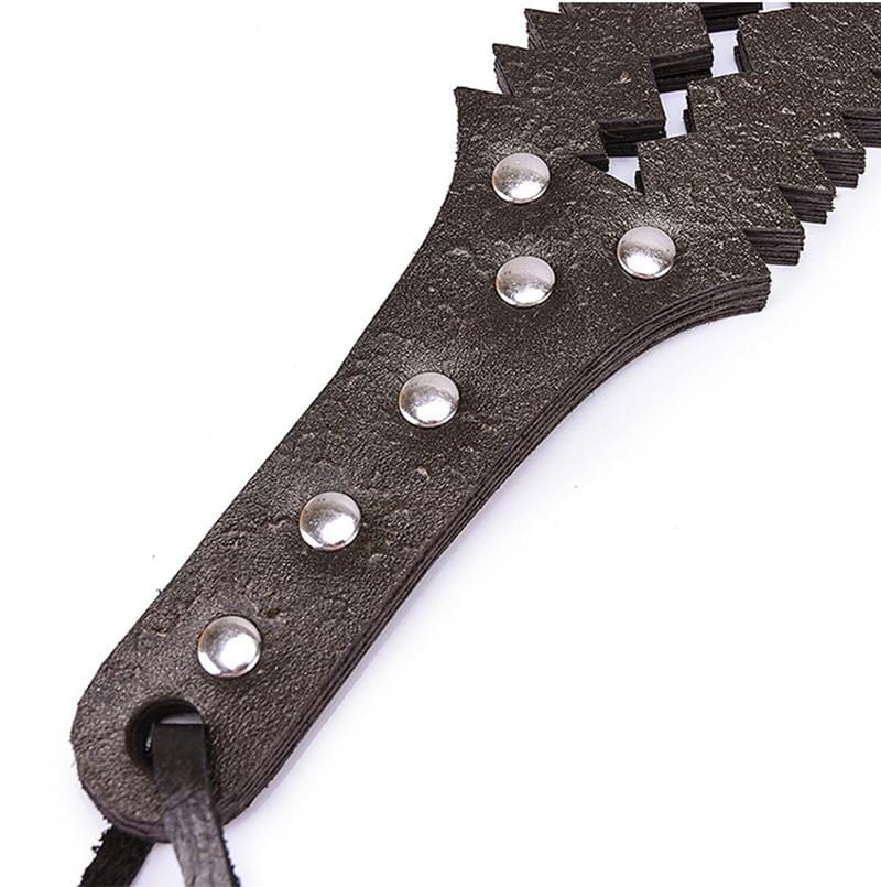 Featuring an image of the BDSM impact play device with a leather strand handle for adjusting intensity and exploring pleasure.