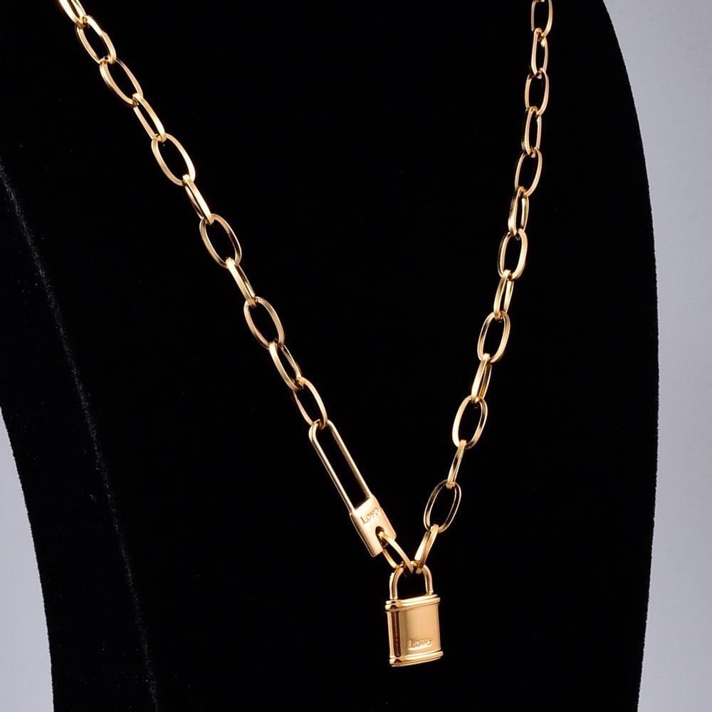 Punk-style 18k gold-plated lock pendant necklace for women, adjustable link chain.