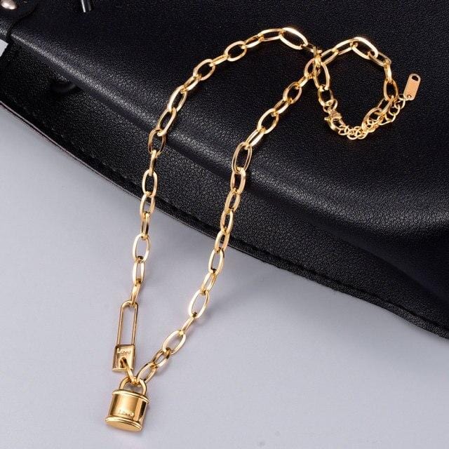 Versatile stainless steel necklace with lock pendant, 18k gold plating, and adjustable length.
