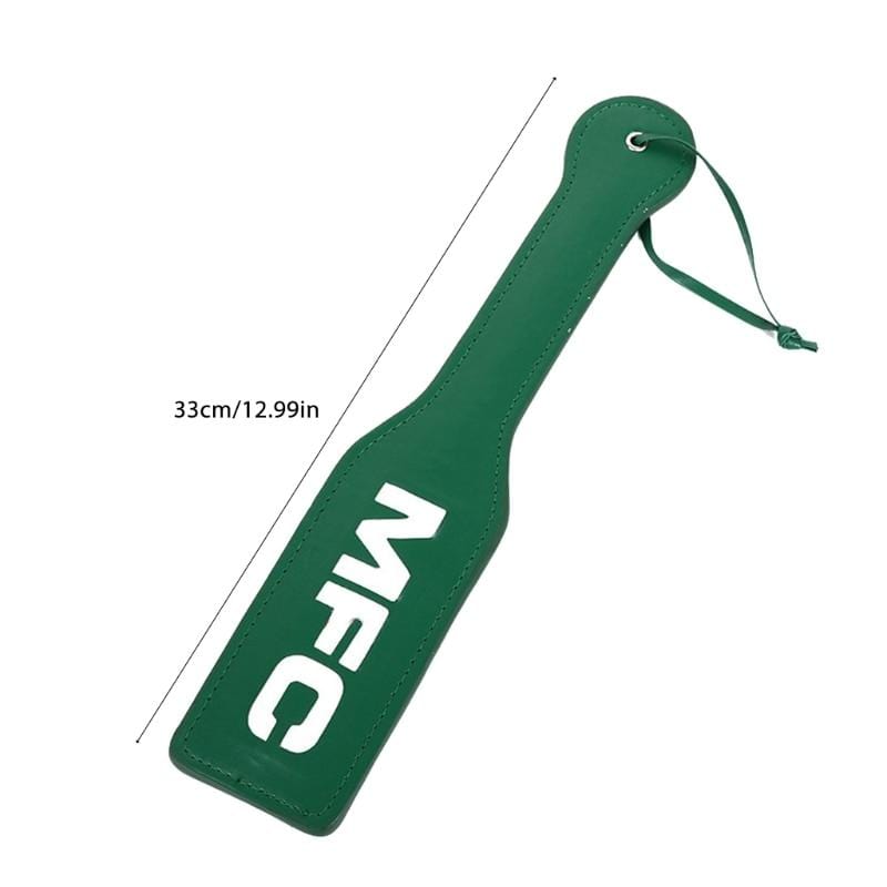 An image showcasing the BDSM Obedience Trainer Spanking Sex Paddle in green PU leather, offering a balance of softness and compelling sting for a thrilling experience.