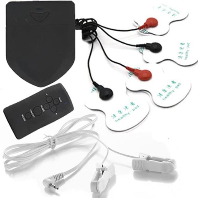Presenting an image of Medical Themed E-Stim System with remote control and conductive pads for sensual pleasure.
