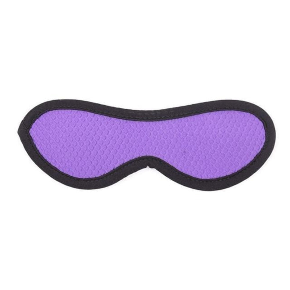 Black blindfold fetish toy with adjustable elastic band for secure fit during intimate play.