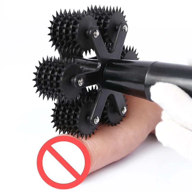 In the photograph, you can see an image of Sensation Overload Wartenberg Pinwheel, emphasizing the easy-grip handle for precise control and the evenly spaced, sharp-looking pins for teasing without harm.