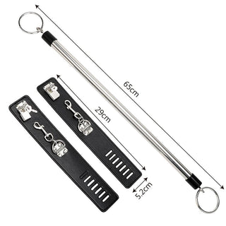 In the photograph, you can see an image of Open Wide Sexual Adult Leather Ankle Spreader Bar with dimensions for a unique sensory experience.