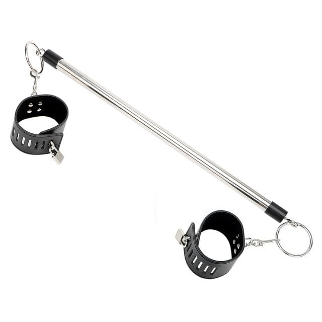 Featuring an image of Open Wide Sexual Adult Leather Ankle Spreader Bar with PU leather and stainless steel for comfort and durability.