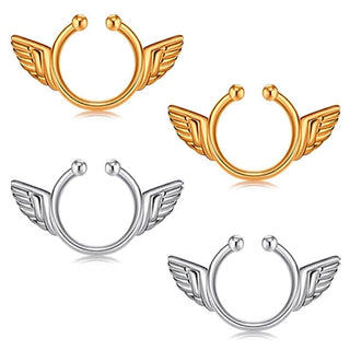 You are looking at an image of Angelic Wings Non Piercing Nipple Rings in gold and silver colors, crafted with detailed angelic wings for a heavenly aesthetic.