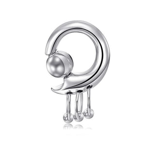This is an image of Cock Jewelry PA Ring in silver surgical stainless steel featuring a large central bead and three dangling captive bead rings for heightened stimulation.