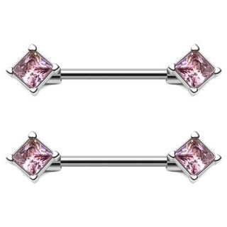 Elegant 316L surgical steel nipple barbells with diamond-shaped cubic zirconia gems.