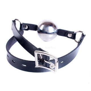 Black Stainless Steel Jawbreaker Gag with phthalate-free surface and PU Leather strap for safe, durable play.