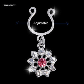 Adjustable U-shaped bar faux nipple rings with dangling flower charms and sparkling cubic zirconia stones.
