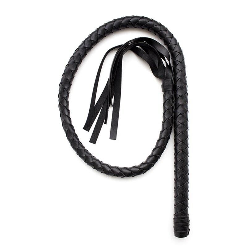 Take a look at an image of Classic Braided Black Leather Bondage Sex Whip with 47.24-inch length and additional strips for intensified sensations.