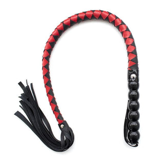 Image of Mistress of Punishment SM Femdom Whip, a black whip with red details designed for impact play enthusiasts, featuring a beaded handle and braided design for intense sensations.
