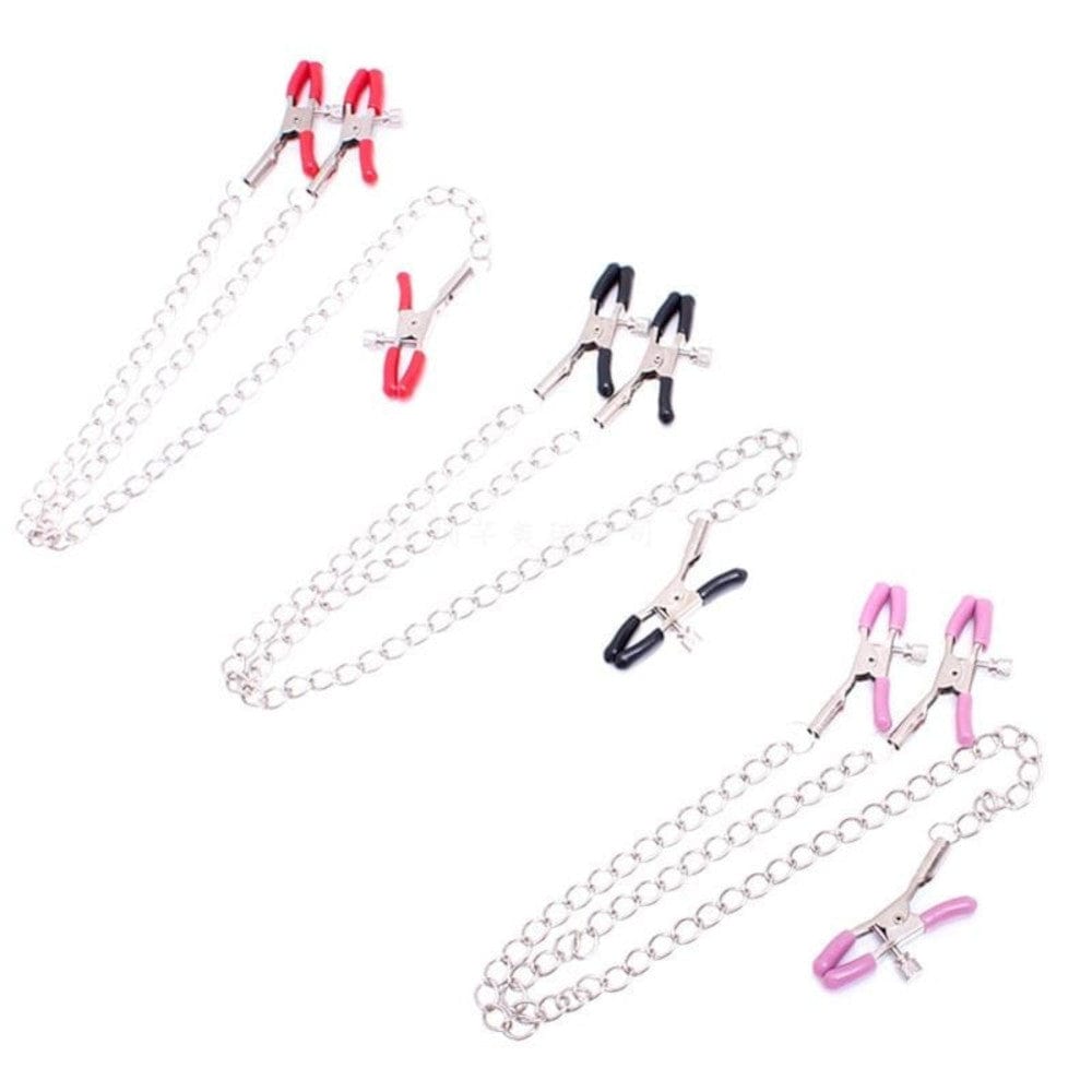 Displaying an image of Nipple and Clit Clamps in romantic red, pretty pink, and bold black colors for sensory play.