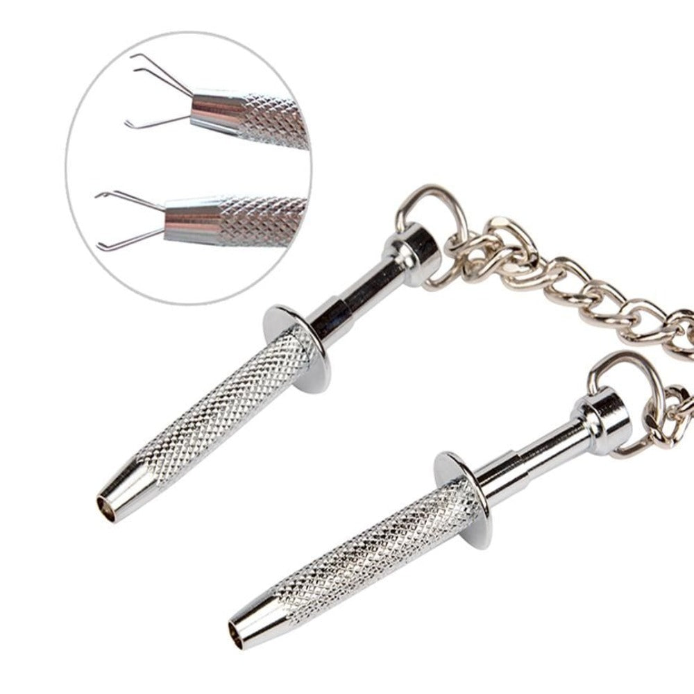 This is an image of Talon Nipple Clamps in silver metal material, perfect for a wild night of pleasure.