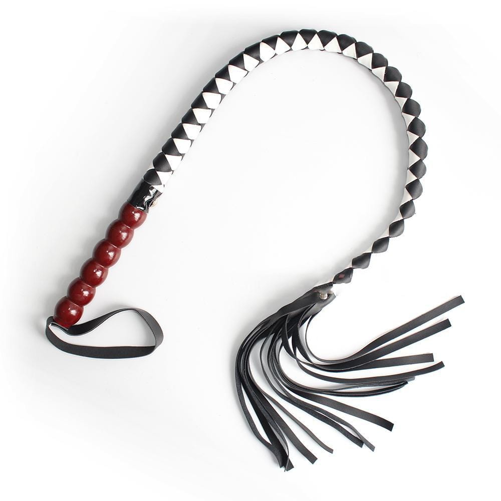 Image of PU leather BDSM whip, 34.65 inches long, featuring multiple leather strips for versatile use in dominance and submission play.