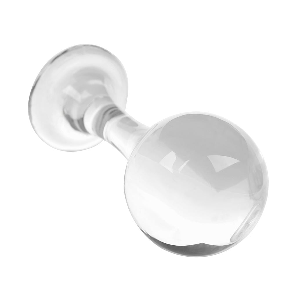 This is an image of a transparent glass plug with a flared base for added stimulation.
