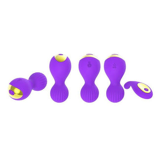 This is an image of the purple variant of Pussy Therapy Remote Control Kegel Balls, made from premium silicone and ABS plastic.