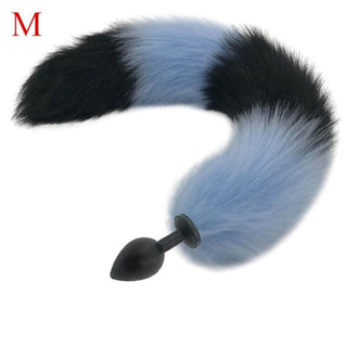 Featuring an image of Mythical Blue Wolf Tail Plug in small size with a 2.76-inch plug and unique black and blue color combination.