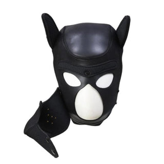 A close-up image of the synthetic leather material of the Puppy Pet Play Leather Hood Mask.