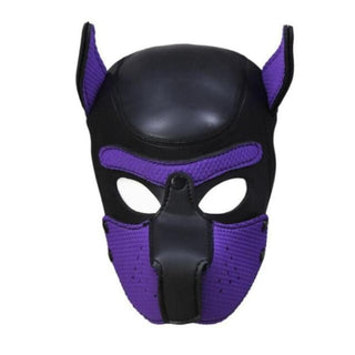 Detailed view of the snug fit of the Puppy Pet Play Leather Hood Mask.