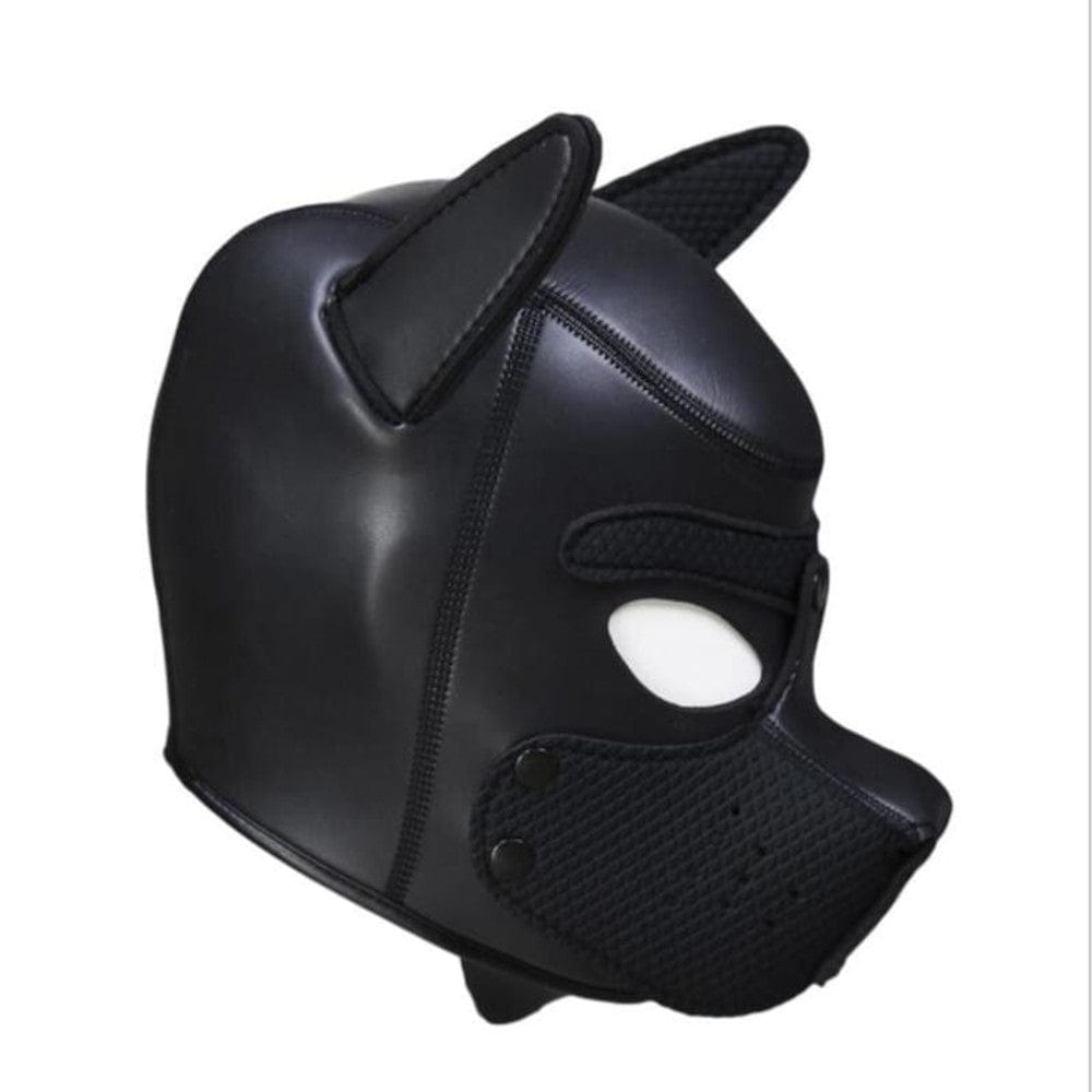 An image highlighting the quality craftsmanship and comfortable fit of the Puppy Pet Play Leather Hood Mask.
