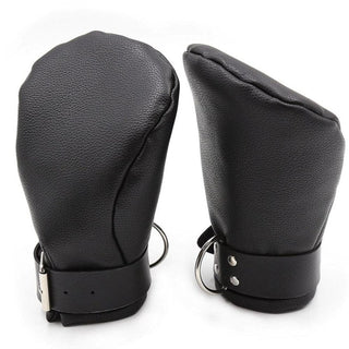 Black leather mittens designed for immersive roleplay, with adjustable fit and integrated D-rings.
