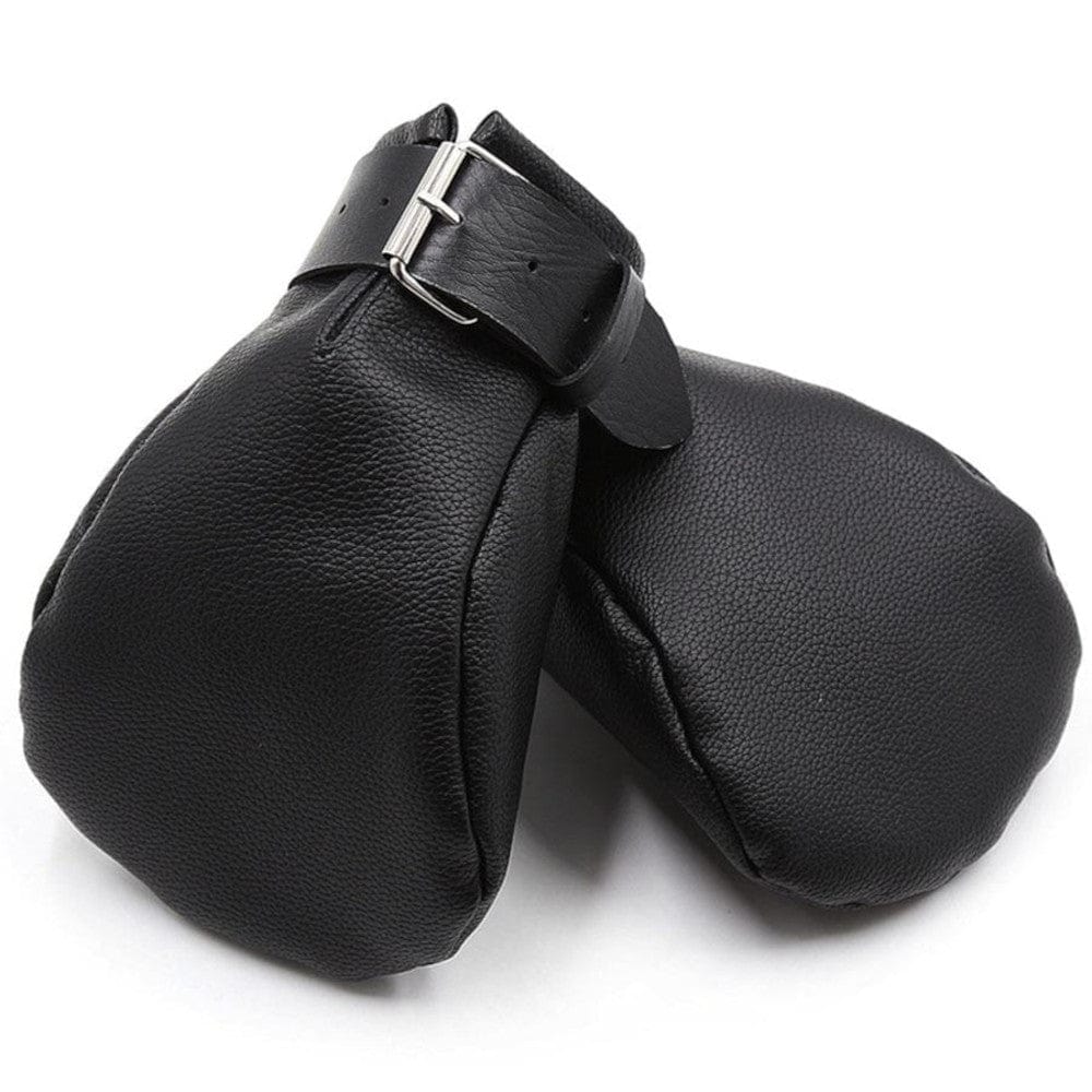Feast your eyes on an image of Padded Pet Play Leather Mittens in black leather with padded design and secure straps.