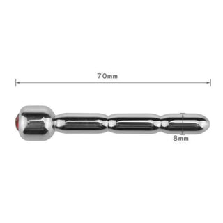 An image showcasing the specifications of Thick Jewelled Penis Plug, a silver-colored beaded plug made of high-quality stainless steel.