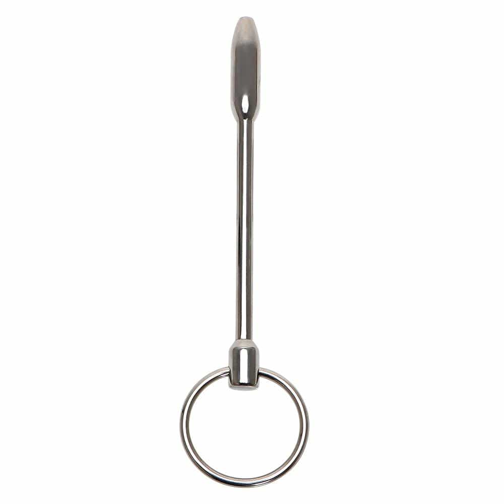 View of a stainless steel urethral stretcher with ring attachments for easy control and retrieval.