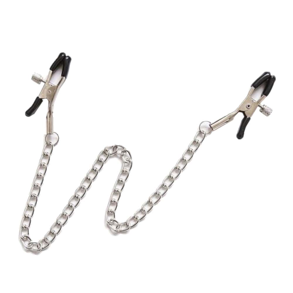 Check out an image of Erotic Nipple Clamps With Chain, crafted from stainless steel with adjustable grip for pleasure and pain balance.