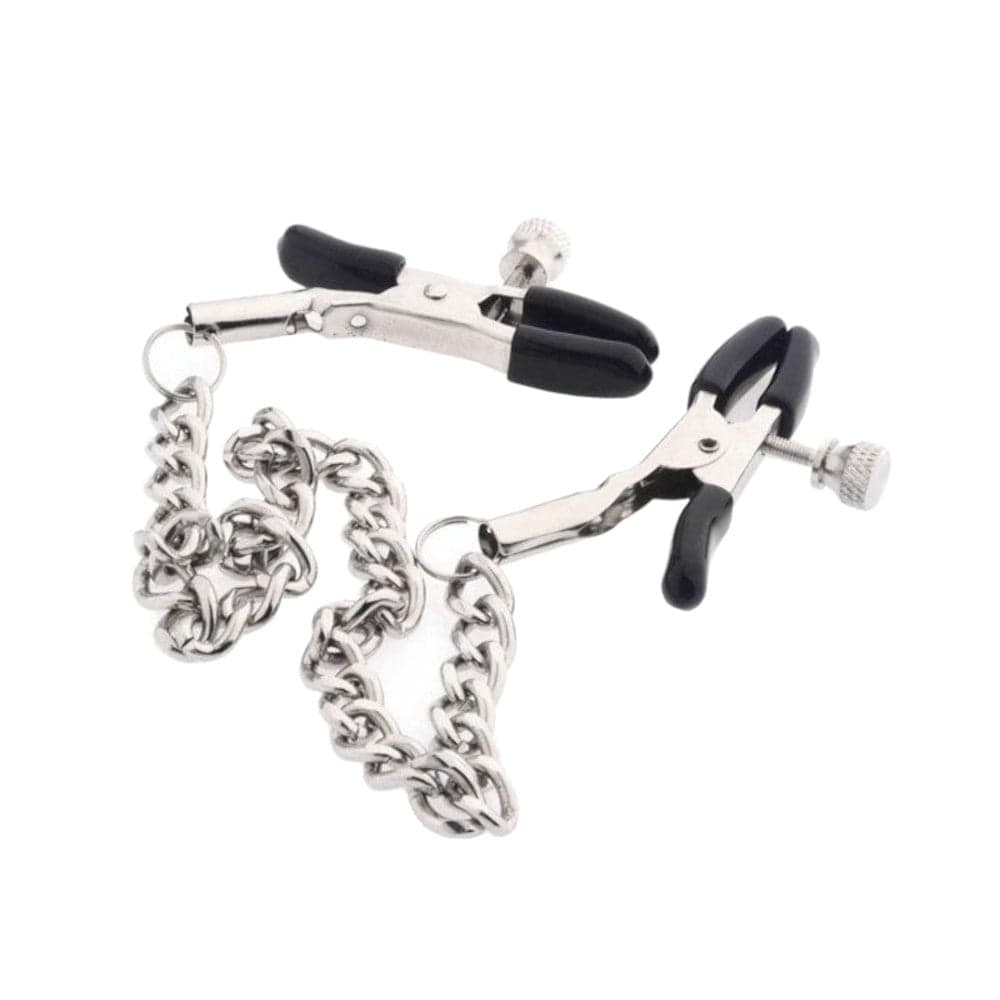 Check out an image of Erotic Nipple Clamps With Chain, made from hypoallergenic materials for comfort and safety during intimate play.
